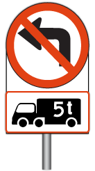 No left turn ahead, goods vehicle over indicated GVM combination sign